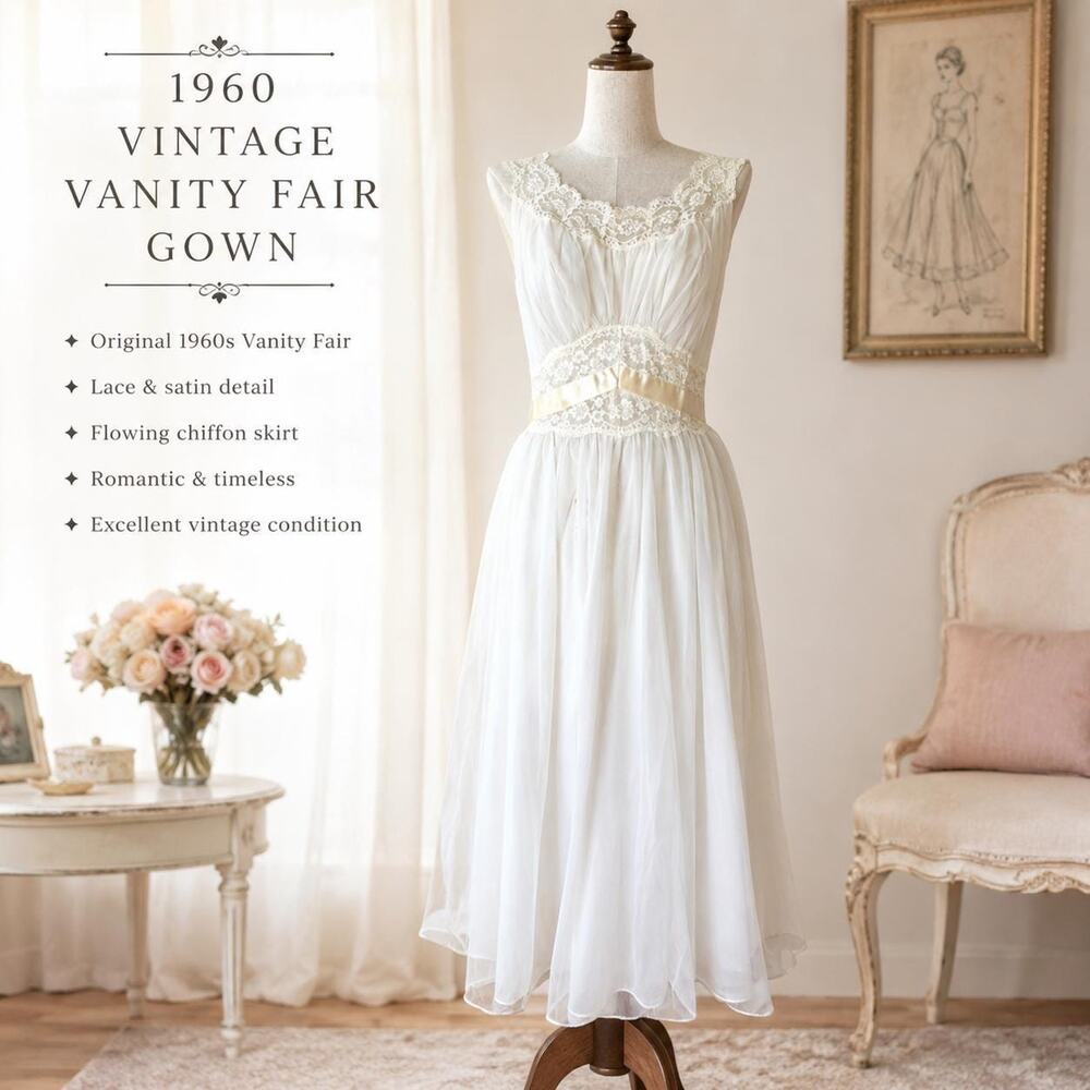 Vanity Fair 1960s Bridal Nightgown White Nylon Chiffon Lace Empire Waist Sz 32